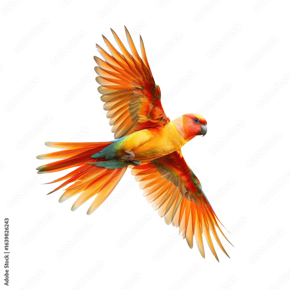Fototapeta premium Sun Conure in Flight, Nature Background, Wildlife Photography, Pet Advertisement