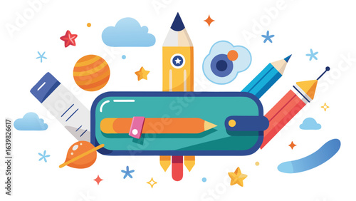 A colorful rocket ship surrounded by various school supplies like pencils, notebooks, and crayons..eps