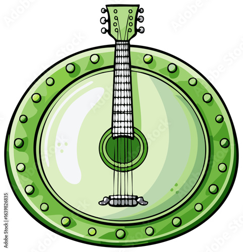 Green banjo illustration, musical instrument design, cartoon style