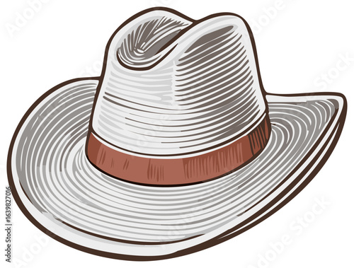 Detailed Illustration of White Western Hat with Brown Band for Designers