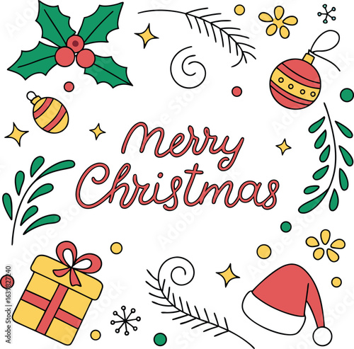 Merry Christmas Hand Drawn Vector Greeting Card Design with Santa Hat, Holly Leaves, Ornaments, Gift Box, Stars, and Festive Decorative Elements for Holiday, Winter Celebration, and Seasonal Invitatio