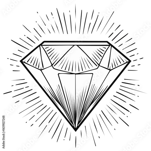 Shiny Diamond Outline with Rays Radiating Around Shape in Black and White