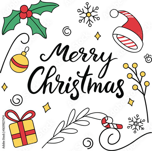 Merry Christmas Hand Drawn Vector Greeting Card Design with Santa Hat, Holly Leaves, Gift Box, Ornaments, Candy Cane, Stars, and Festive Elements for Holiday and Winter Celebration