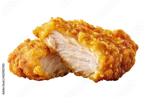 Two pieces of breaded chicken, sliced open, showcasing the juicy interior.  Golden-brown crispy exterior, contrasted with the pale, white meat inside.  Close-up, high-quality food photography