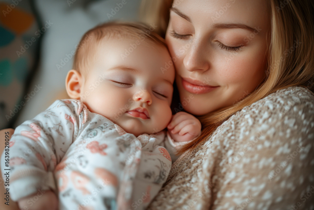 A mother gently embraces her infant, both looking relaxed and serene in a warm, inviting atmosphere filled with comfort A mother gently embraces her infant, both looking relaxed and serene in a warm, inviting atmosphere filled with comfort