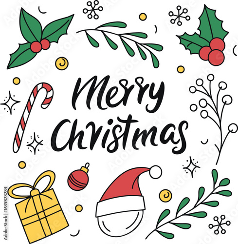 Hand Drawn Merry Christmas Holiday Greeting Card Design with Santa Hat, Holly, Candy Cane, Ornament, Gift Box, and Festive Decorative Elements – Vector Illustration for Winter Celebration