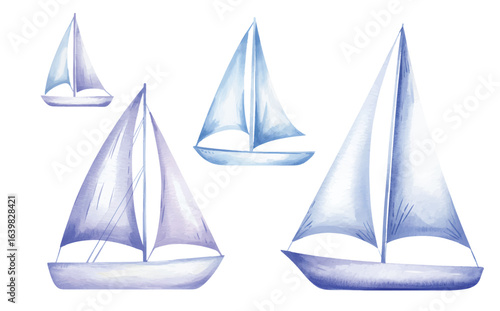 Watercolor sailboat set with ocean breeze style. Soft pastel watercolor yachts on white background.

