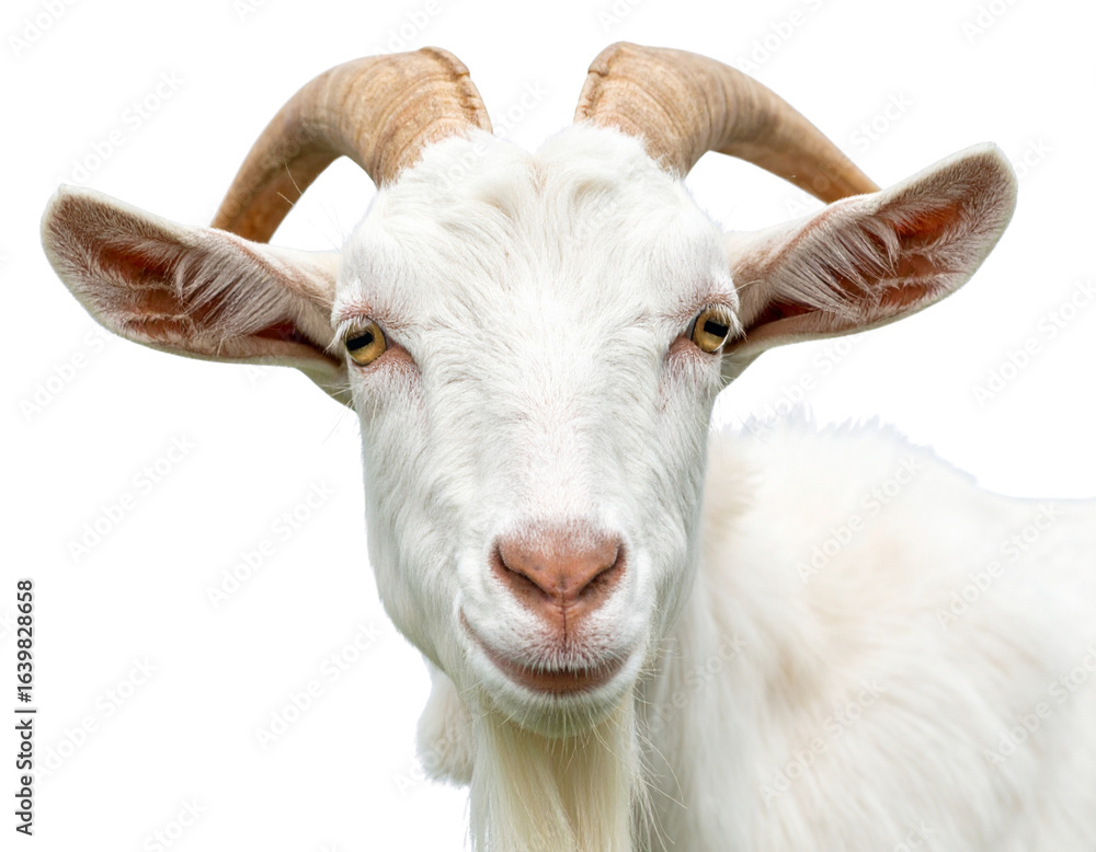 Close-up of White-Faced Goat with Long Curved Horns, isolated on transparent background Close-up of White-Faced Goat with Long Curved Horns, isolated on transparent background