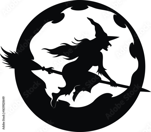 Mysterious witch flying past a full moon silhouette isolated on white background isolated on transparent background
