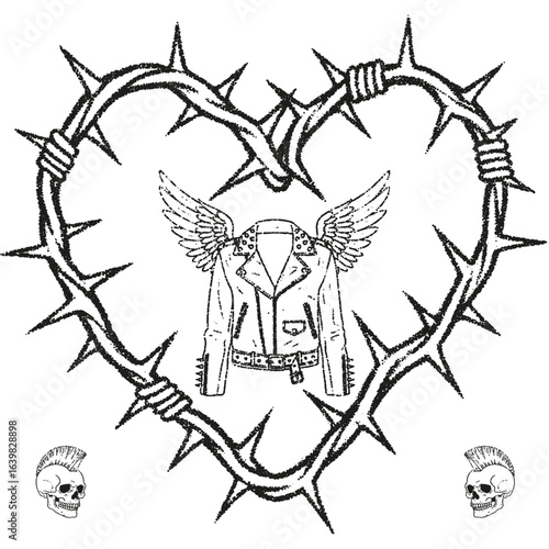 Heart with metal spikes, leather jacket with angel wings and punk skull