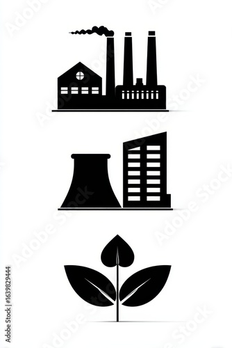 Black Silhouettes: Factory, Power Plant, Building, and Plant
