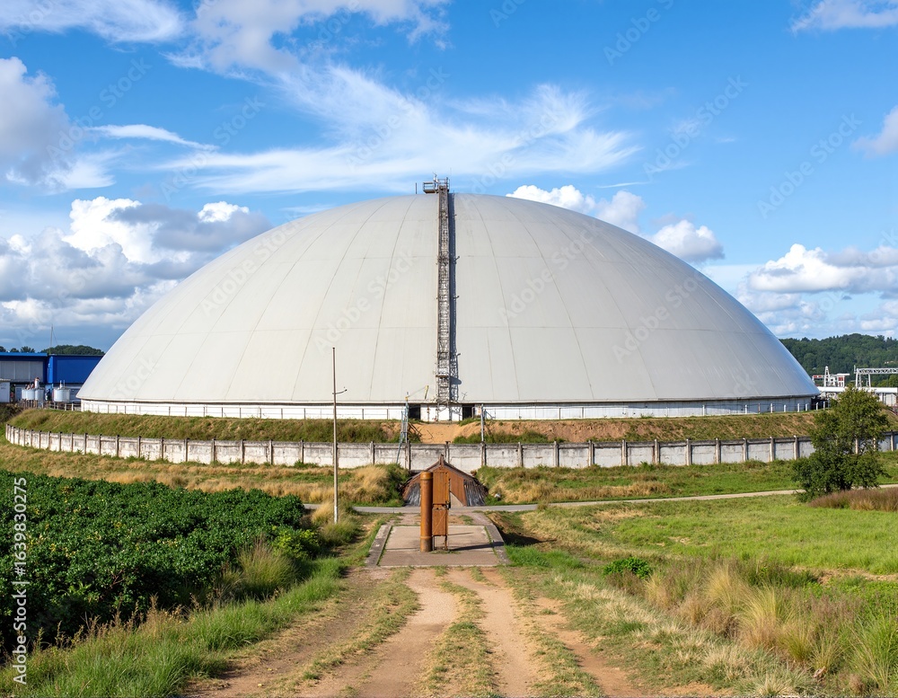 Obraz premium A large, gleaming white dome rises majestically against a clear blue sky, surrounded by lush greenery, casting a soft shadow on the ground below.