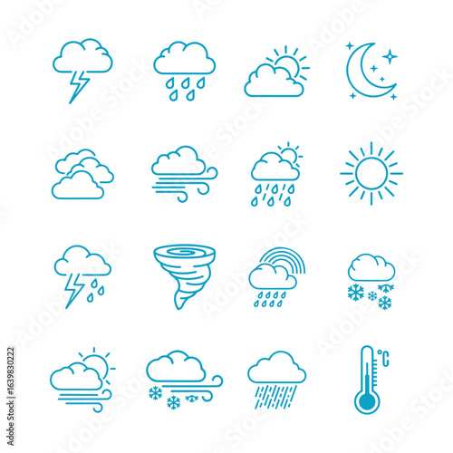 Various weather condition, rain, sun, clouds, snow fall, storms. Master collection of Weather Forcast icons Set, Vector Line art.