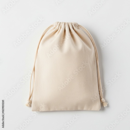 Beige drawstring bag isolated on white background for gifts, jewelry, favors, or small items.