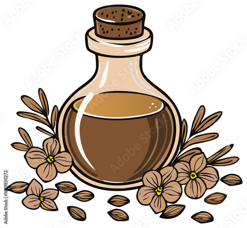 Essential oil bottle with cork stopper surrounded by blossoms and seeds – aromatherapy tincture