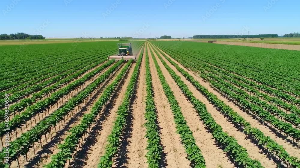 Agricultural field with rows of young plants and a tractor Agricultural field with rows of young plants and a tractor
