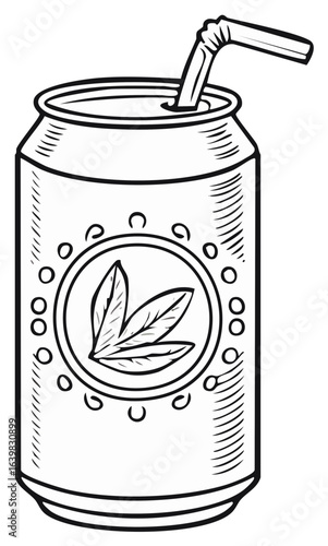 Hand drawn soda can with a drinking straw and a generic leaf design illustration