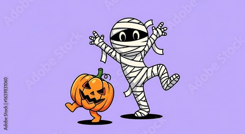 Cute dancing mummy and jack o lantern pumpkin cartoon on purple background Halloween vector clipart for kids party invitations stickers decorations social media banners playful spooky design