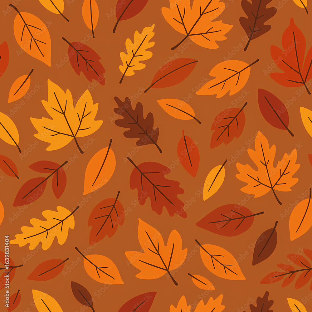 Obraz premium A seamless pattern of colorful autumn leaves in shades of orange, yellow, and brown scattered on a dark background.