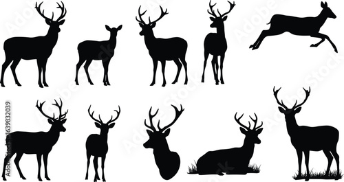 Deer silhouette vector illustration, wildlife animal poses, forest antler graphics, nature clipart, jumping deer, grazing deer, cad drawing flat vector illustration