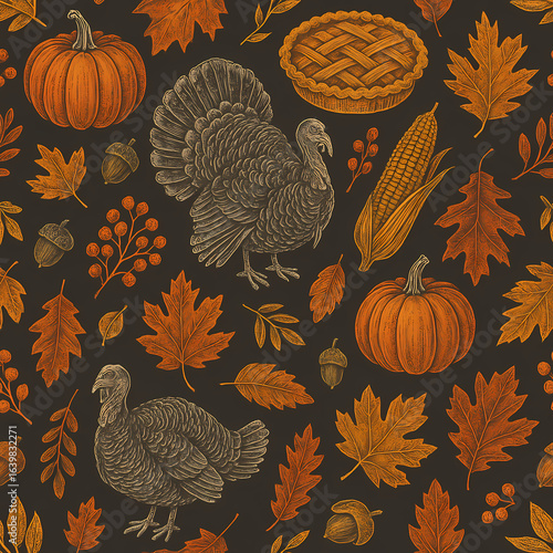 A vintage Thanksgiving seamless pattern with engraved turkeys, pumpkins, pie, and autumn leaves.
