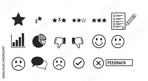Collection of User Feedback Icons Including Ratings, Emoticons, Pie Chart, and Feedback Labels for Comprehensive Customer Satisfaction Analysis