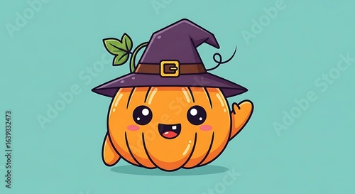 Cute kawaii pumpkin with witch hat waving, smiling cartoon jack-o'-lantern character illustration for Halloween stickers, greeting cards, party invitations, social media posts, kids merchandise