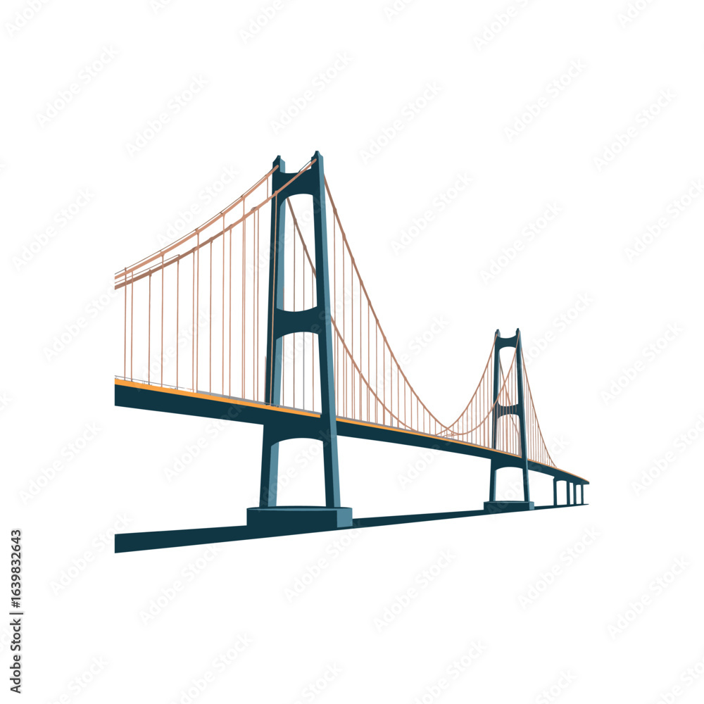 Obraz premium Stylized illustration of a suspension bridge with dark blue towers and copper cables architecture engineering