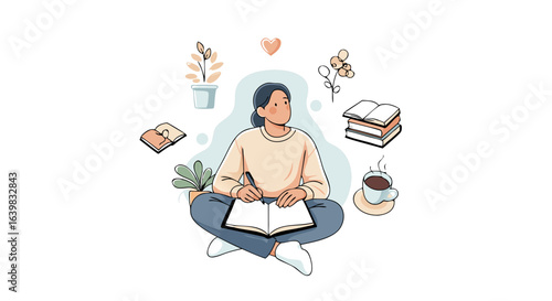 Contemplative young woman surrounded by books and nature elements engaging in creative and reflective activity within a peaceful indoor setting