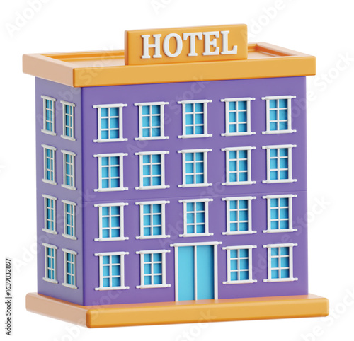 Stylized 3D hotel building isolated on a white background. A vibrant purple and orange architectural illustration for travel and hospitality services.