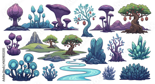 Vibrant fantasy landscape featuring diverse whimsical trees, mystical flora, flowing water, and surreal rocky formations creating an enchanting