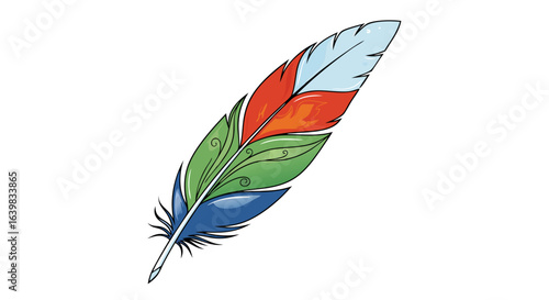 Vibrant multicolored feather with intricate design elements and graceful curves displaying a rich palette of hues symbolizing creativity and freedom