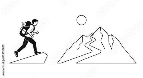 Minimalist Illustration of a Mountain Climber Ascending a Peak with a Simple Sun in the Background
