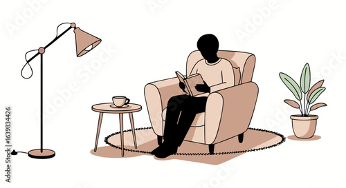 Minimalist Illustration of a Person Relaxing at Home with a Book and Coffee in Cozy Sitting Area