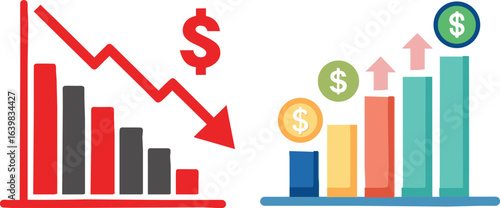 Financial graph with rising and falling diagram: A visual representation of financial fluctuations, with a red downward trend contrasting a green upward one, symbolizing economic changes. 