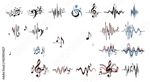 Diverse Musical Notations and Sound Wave Symbols Collection Showing Various Audio Elements and Dynamic Sound Patterns for Musical and Audio Design