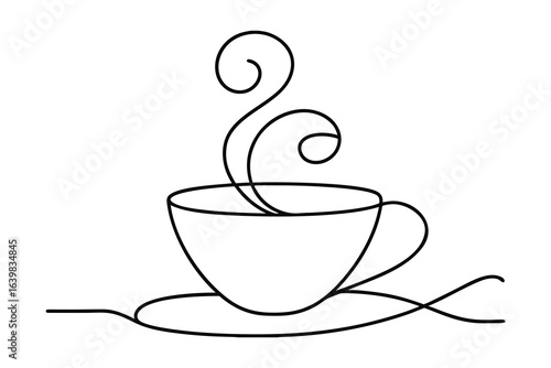 Minimalist single line drawing a steaming coffee cup saucer vector