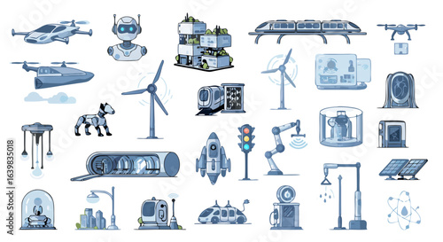 Comprehensive collection of advanced futuristic technology and renewable energy devices in a modern industrial setting illustrating innovation in