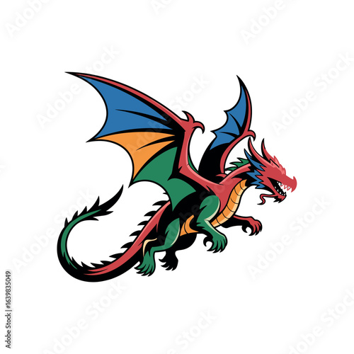 Wallpaper Mural Red green and blue winged dragon flying with sharp claws and teeth wings mythical creature Torontodigital.ca