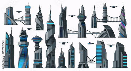 Futuristic cityscape with innovative skyscrapers and advanced aerial transportation in a sleek high-tech metropolis visualization