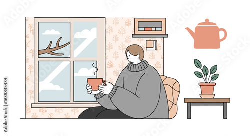 Cozy indoor scene depicting a person enjoying a warm beverage by the window during a chilly day with peaceful decor and natural light