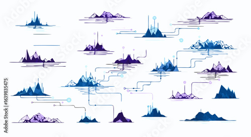 Futuristic Digital Landscape of Connected Mountain Ranges and Abstract Geometric Elements with a Cool Color Palette in a Modern Tech-Inspired Style