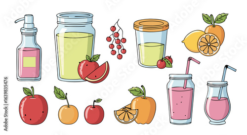 Colorful Illustration of Fresh Fruit Juices and Fruits Featuring Apples Oranges Lemons and Berries in a Bright Color Palette with Beverage