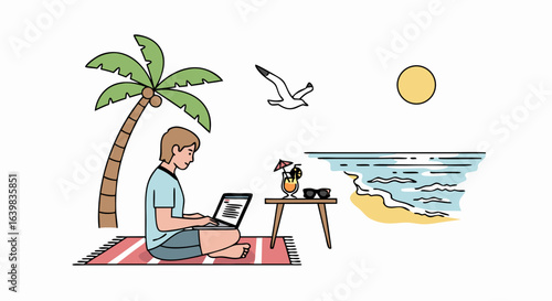 Relaxing beachside scene with a person working on a laptop under a palm tree during sunset illustration in a minimalistic style
