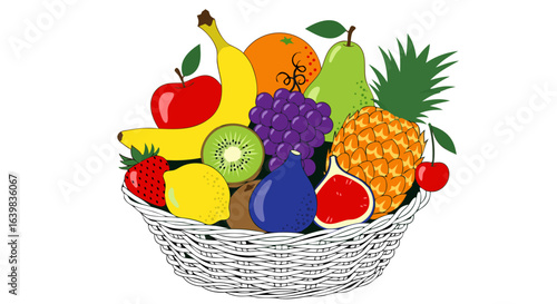 Vibrant Fruit Basket Featuring Assorted Tropical and Seasonal Fruits in a Handwoven Basket with Bright Colors and Freshness Displayed