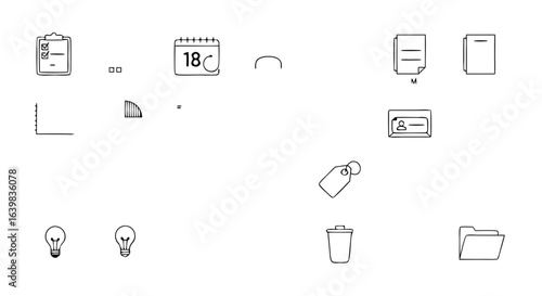 Minimalist black-and-white line art illustration of office and household items with some icons representing daily activities and objects