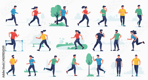 Vibrant Illustration of Diverse People Engaging in Outdoor Fitness Activities in Various Settings Emphasizing Health and Community Wellness