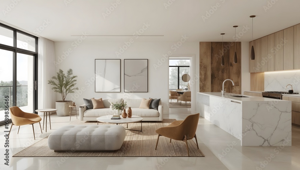 Fototapeta premium Modern living room with neutral tones and natural light