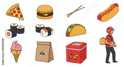 A diverse collection of fast food and takeout items including pizza burgers sushi ice cream and a delivery person featuring a variety of popular