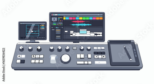 Professional digital music production workstation with multiple screens for audio editing and mixing process management